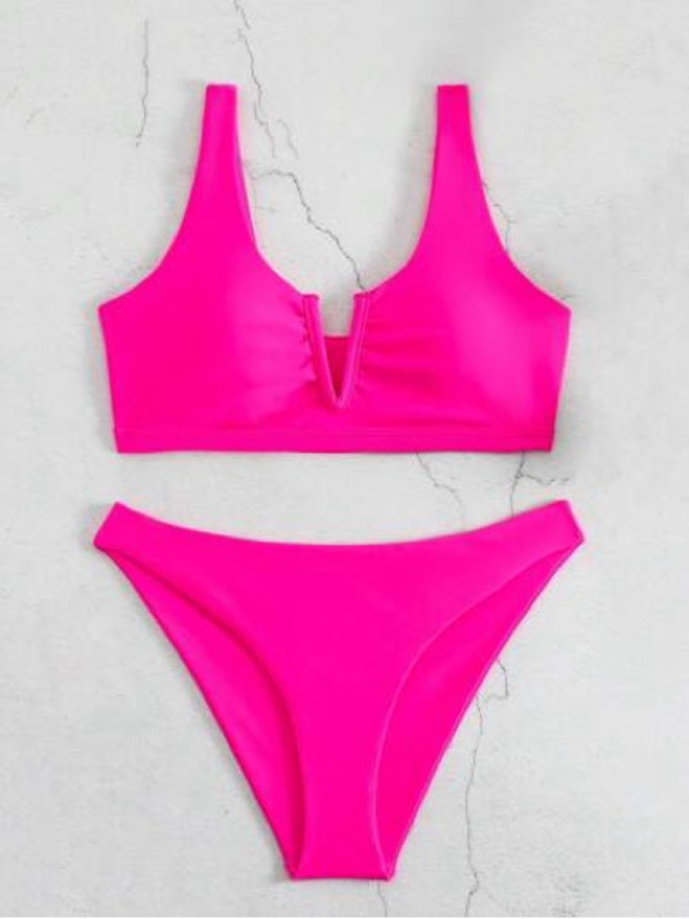 Bright Neon Hot Pink V Notched Bikini Set Medium